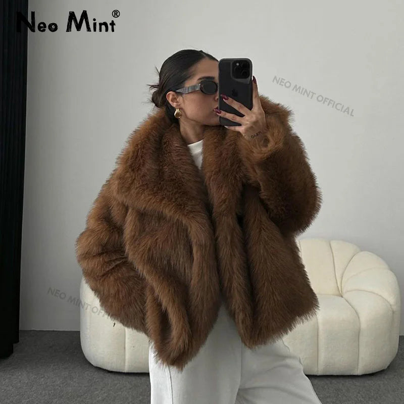 Abrigo de piel sintética con cuello cuadrado y esponjoso para mujer, estilo blogger icónico de invierno, chaqueta de piel de zorro para chicas, ropa de abrigo elegante y atractiva.