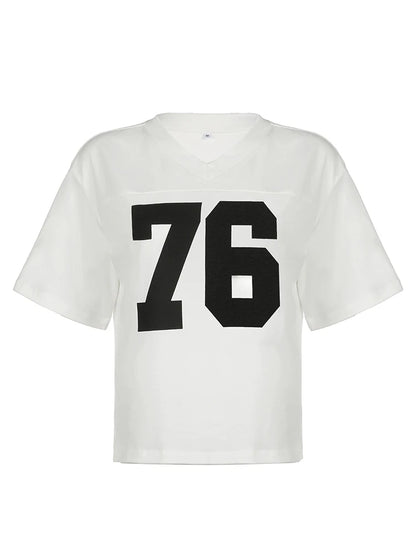 Camisetas blancas sueltas informales con estampado digital para mujer, cuello en V, manga corta, estilo preppy, ropa de calle, camisetas de verano, camiseta de fútbol
