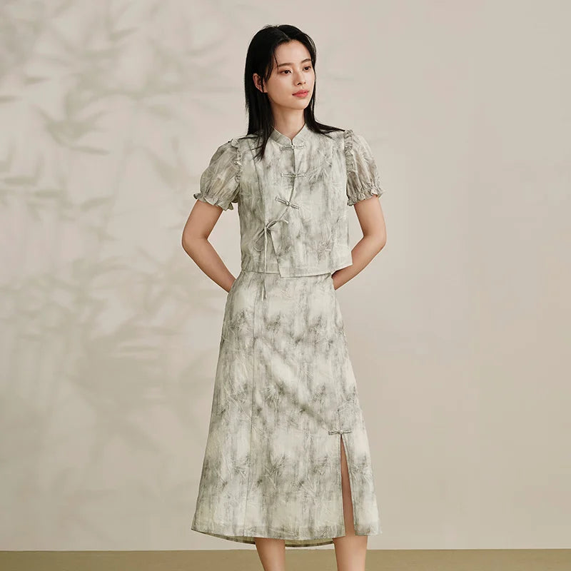 Traje de marca compartida para mujer, top corto ajustado, falda larga abierta, conjunto de ropa Guo Feng de verano de dos piezas