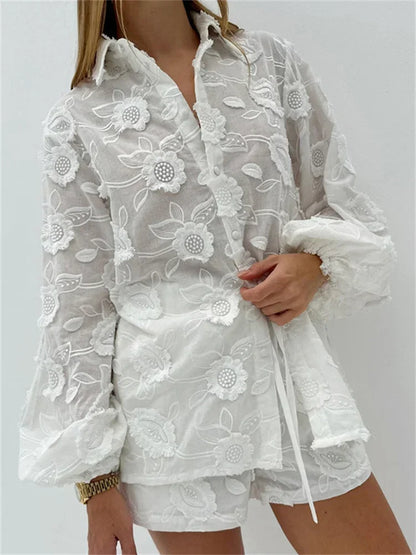 Printed See-Through Sexy Outfits Female Patchwork Cardigan Shirts And Lace-Up High Waist Shorts Sets Autumn 2 Piece-Set