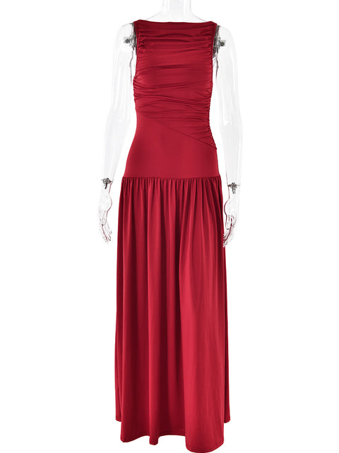 Artcat Elegant Sleeveless Round Neck Bodycon Long Dress For Women Folded Slimming Party Evening Dress Female Tight Vestido