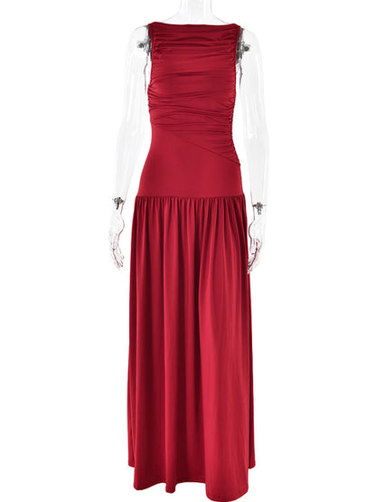 Artcat Elegant Sleeveless Round Neck Bodycon Long Dress For Women Folded Slimming Party Evening Dress Female Tight Vestido