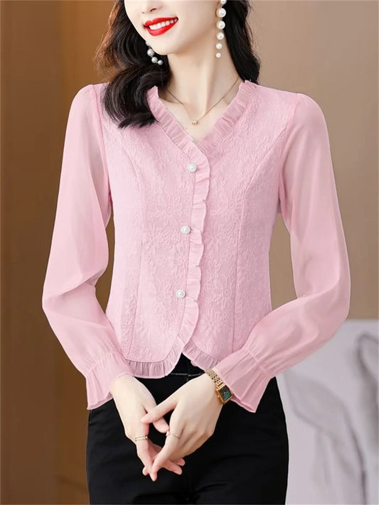 Blusas de mujer estilo primavera otoño, camisas casuales para dama, manga larga, cuello en V, color sólido, blusas, tops DF4615