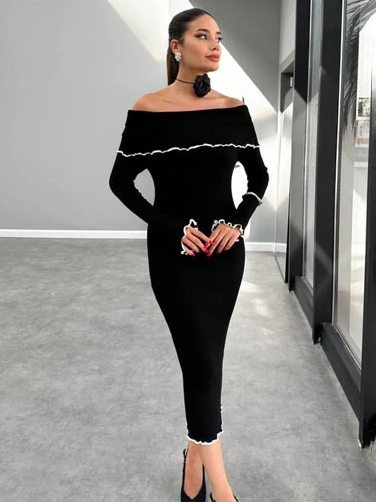 Fall Winter Sexy One-Shoulder Long Knit Dress Slim Elegant Fungus Splice Contrast Color Sweater Female Club Party Dresses