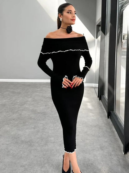 Fall Winter Sexy One-Shoulder Long Knit Dress Slim Elegant Fungus Splice Contrast Color Sweater Female Club Party Dresses