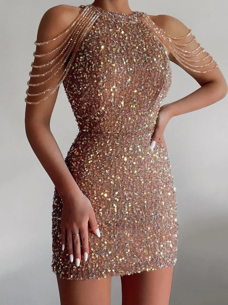 Vestidos de noche para mujer 2025 con flecos de lentejuelas, piedras y cristales, cuello halter, cintura alta, falda amplia y ajustada.