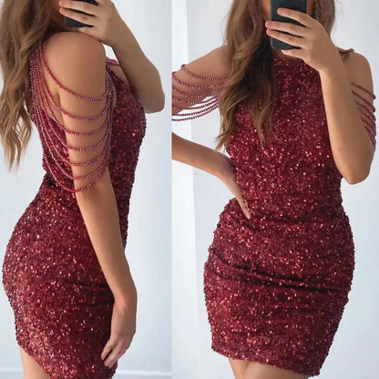 Vestidos de noche para mujer 2025 con flecos de lentejuelas, piedras y cristales, cuello halter, cintura alta, falda amplia y ajustada.