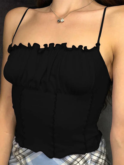 Camiseta sin mangas con volantes para mujer, top sexy de verano 2025, a la moda, sin tirantes, fruncido, ajustado, camisola, ropa interior femenina.