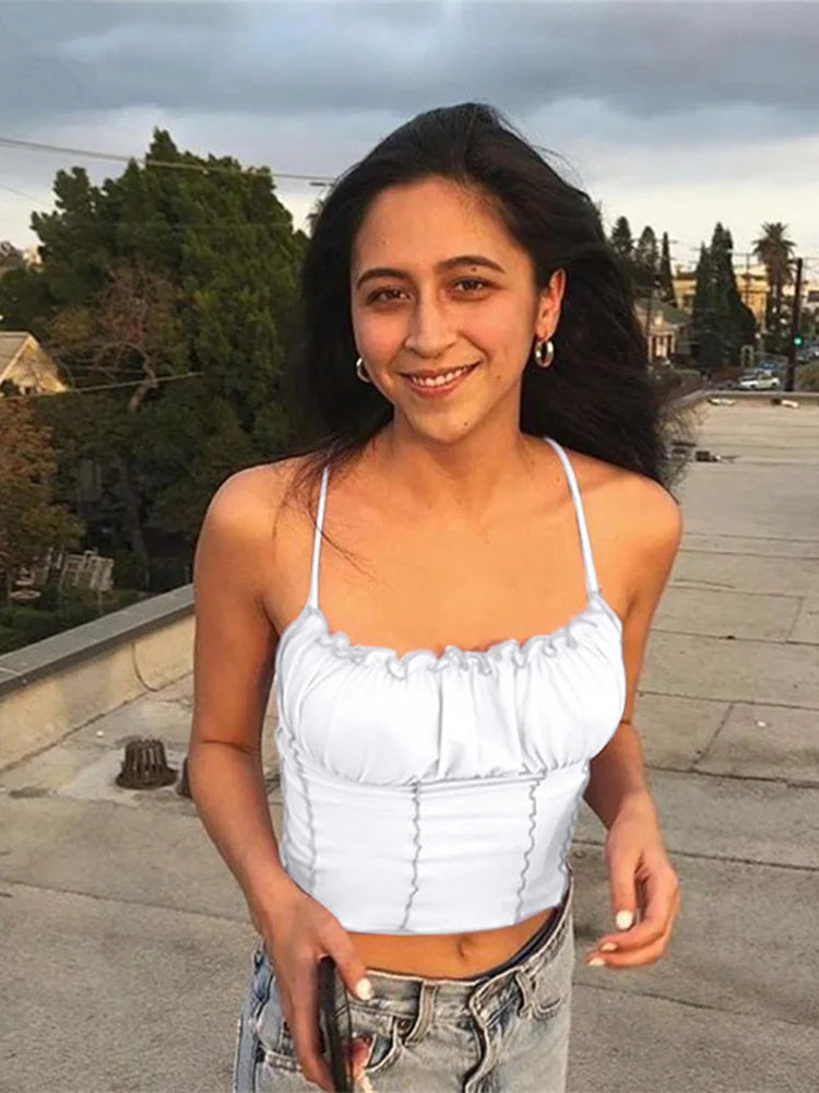 Camiseta sin mangas con volantes para mujer, top sexy de verano 2025, a la moda, sin tirantes, fruncido, ajustado, camisola, ropa interior femenina.