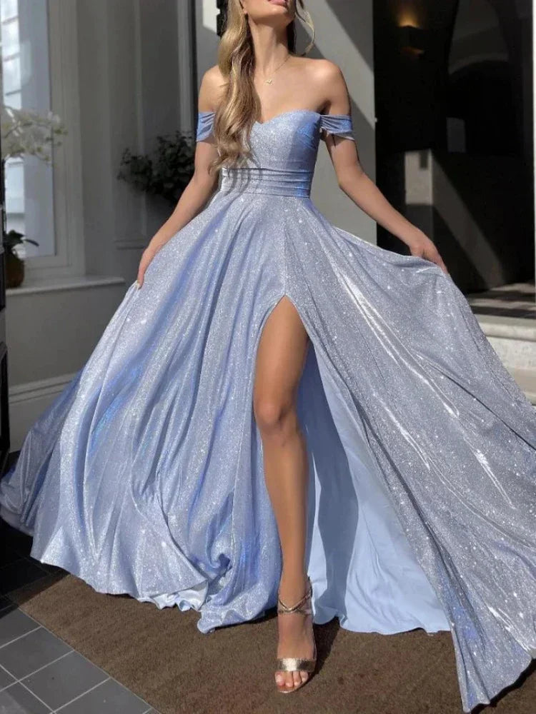 Vestido de fiesta sexy de cintura alta sin espalda con abertura y lentejuelas azules, largo, formal, de noche, elegante, para mujer