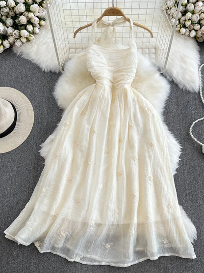 Vestidos sexis de fiesta en la playa para mujer, a la moda, con cuello colgante, sin espalda, ajustados, de corte A, bordados con flores, vestido largo de verano.