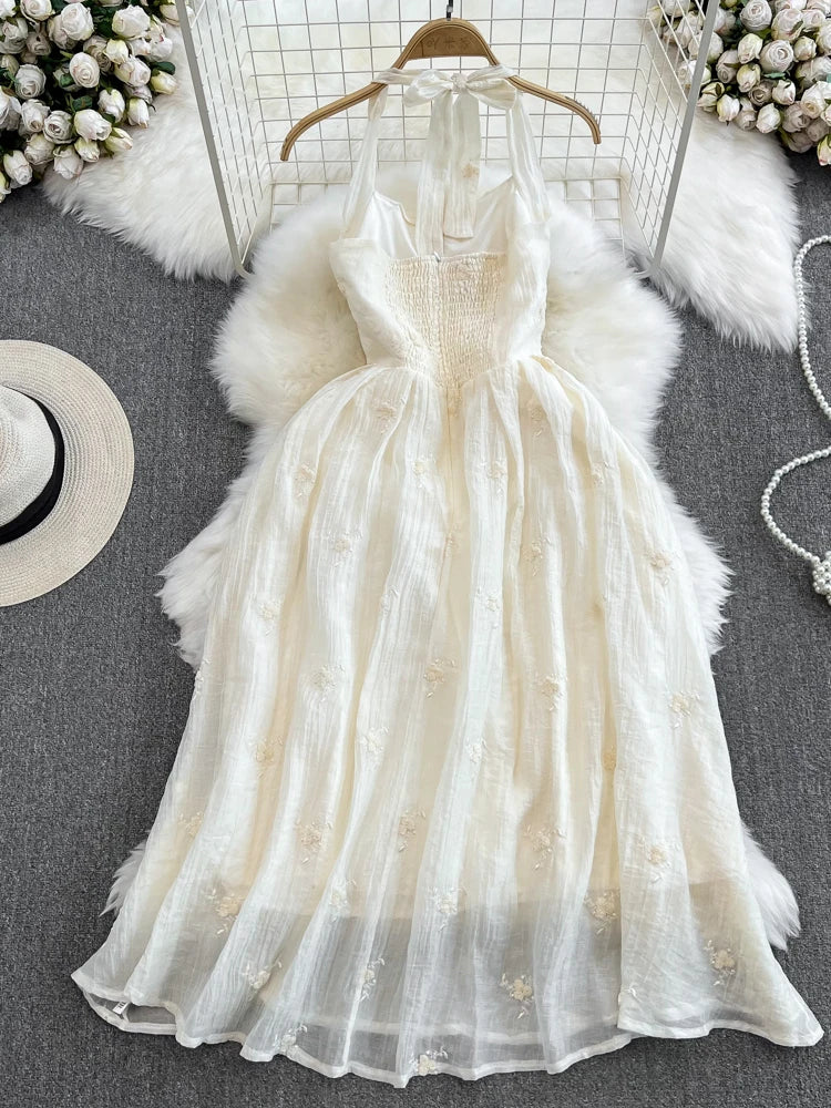 Vestidos sexis de fiesta en la playa para mujer, a la moda, con cuello colgante, sin espalda, ajustados, de corte A, bordados con flores, vestido largo de verano.