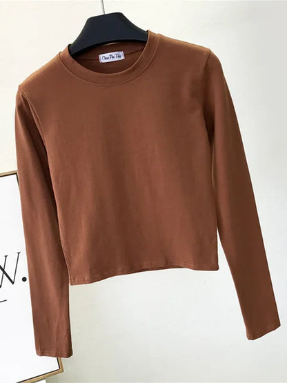 Ropa sexy de algodón negro para mujer, cuello redondo, manga larga, ombligo, otoño, base, ropa de mujer, moda casual, ropa para mujer