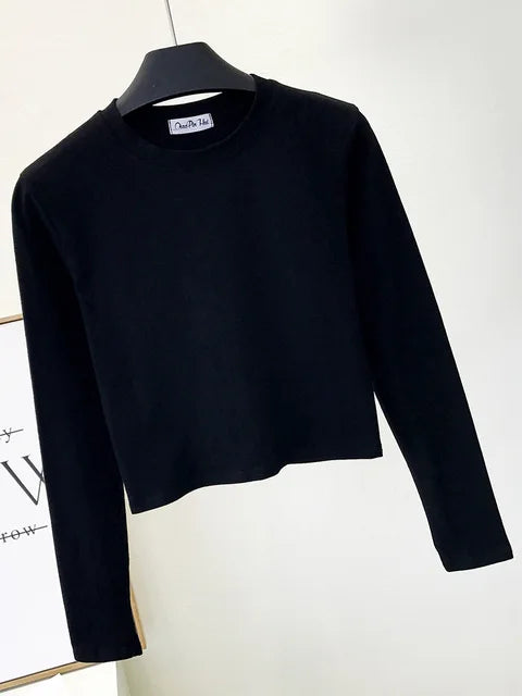 Ropa sexy de algodón negro para mujer, cuello redondo, manga larga, ombligo, otoño, base, ropa de mujer, moda casual, ropa para mujer