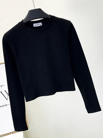 Ropa sexy de algodón negro para mujer, cuello redondo, manga larga, ombligo, otoño, base, ropa de mujer, moda casual, ropa para mujer