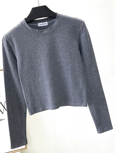 Ropa sexy de algodón negro para mujer, cuello redondo, manga larga, ombligo, otoño, base, ropa de mujer, moda casual, ropa para mujer