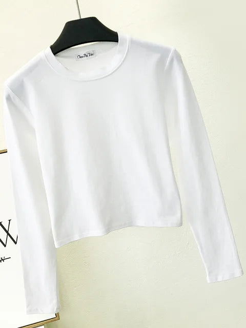 Ropa sexy de algodón negro para mujer, cuello redondo, manga larga, ombligo, otoño, base, ropa de mujer, moda casual, ropa para mujer