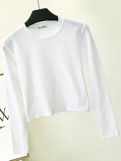 Ropa sexy de algodón negro para mujer, cuello redondo, manga larga, ombligo, otoño, base, ropa de mujer, moda casual, ropa para mujer