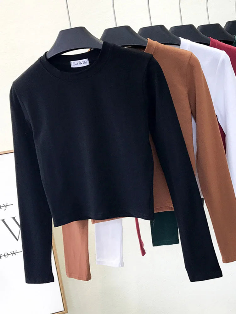 Ropa sexy de algodón negro para mujer, cuello redondo, manga larga, ombligo, otoño, base, ropa de mujer, moda casual, ropa para mujer