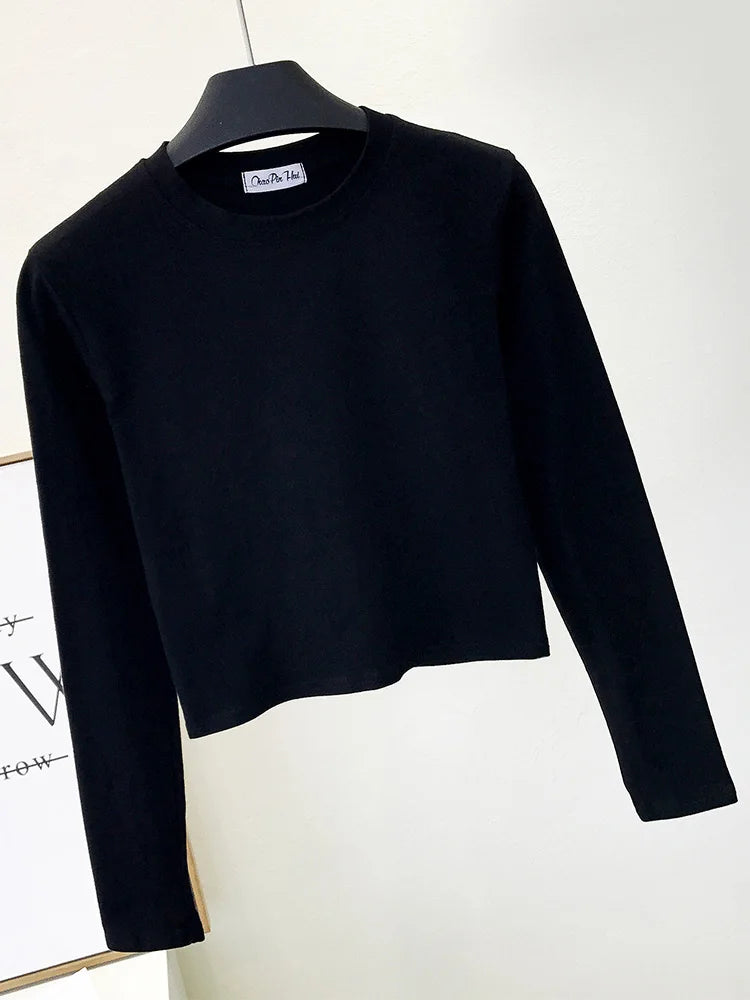 Ropa sexy de algodón negro para mujer, cuello redondo, manga larga, ombligo, otoño, base, ropa de mujer, moda casual, ropa para mujer