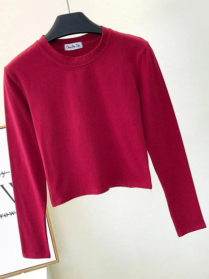 Ropa sexy de algodón negro para mujer, cuello redondo, manga larga, ombligo, otoño, base, ropa de mujer, moda casual, ropa para mujer