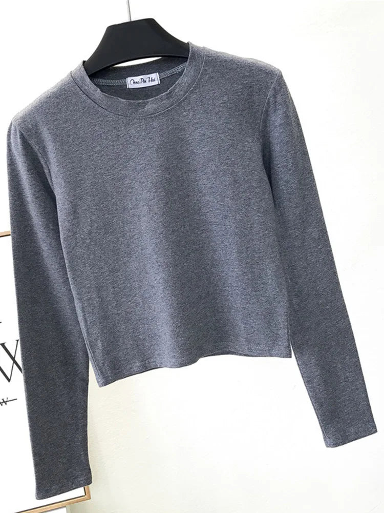 Ropa sexy de algodón negro para mujer, cuello redondo, manga larga, ombligo, otoño, base, ropa de mujer, moda casual, ropa para mujer