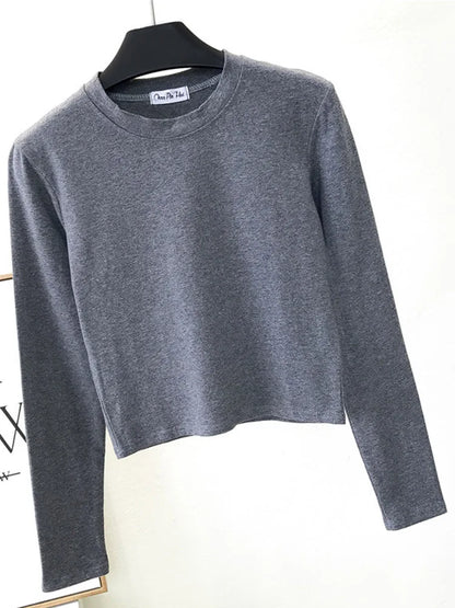 Ropa sexy de algodón negro para mujer, cuello redondo, manga larga, ombligo, otoño, base, ropa de mujer, moda casual, ropa para mujer