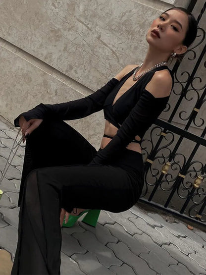 Tops cortos negros sexys, ropa de calle para mujer, moda 2025, camisetas de manga larga con encaje, cuello en V y cortes