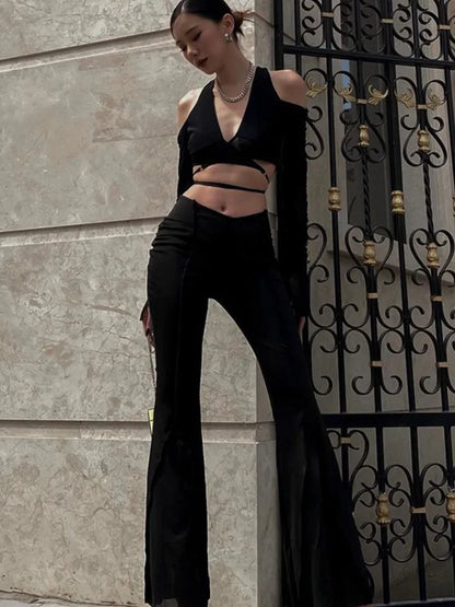 Tops cortos negros sexys, ropa de calle para mujer, moda 2025, camisetas de manga larga con encaje, cuello en V y cortes