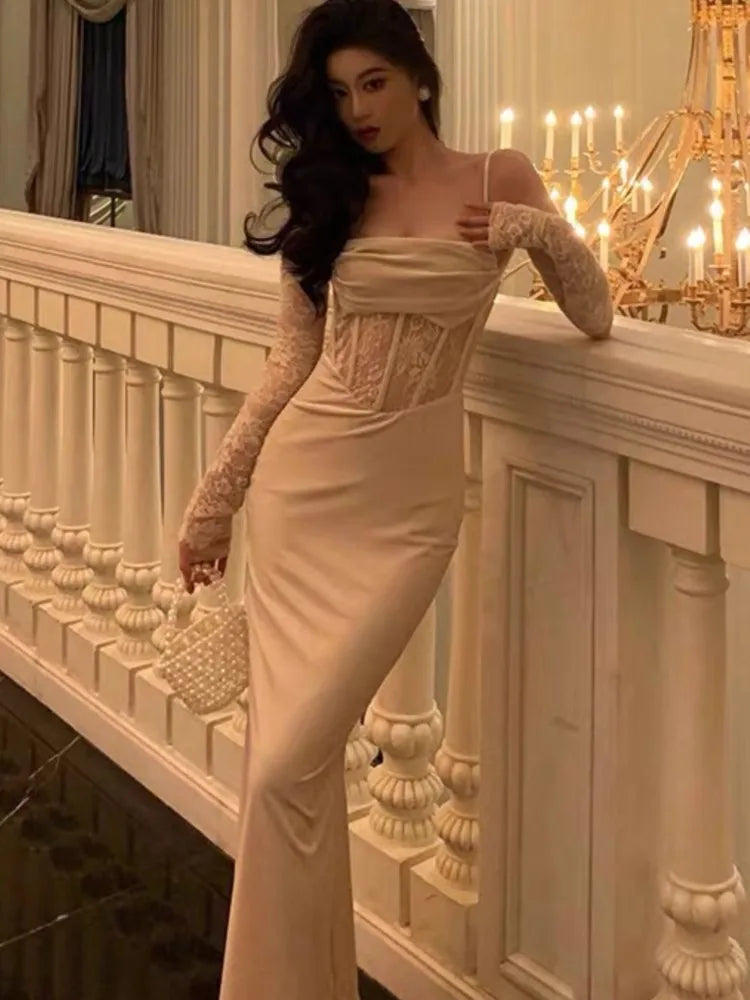 Vestidos largos ajustados sexis para mujer, para fiesta de noche, graduación, boda, terciopelo, encaje, patchwork, tirantes finos, vestidos ajustados