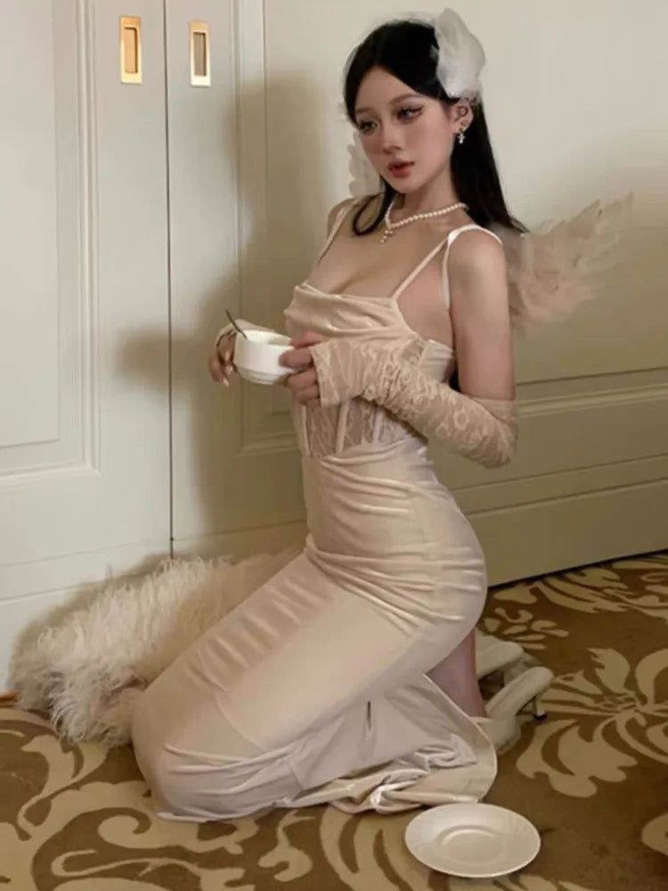 Vestidos largos ajustados sexis para mujer, para fiesta de noche, graduación, boda, terciopelo, encaje, patchwork, tirantes finos, vestidos ajustados