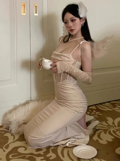Vestidos largos ajustados sexis para mujer, para fiesta de noche, graduación, boda, terciopelo, encaje, patchwork, tirantes finos, vestidos ajustados