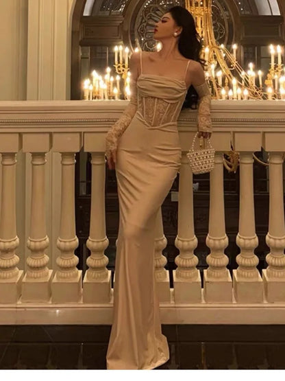 Vestidos largos ajustados sexis para mujer, para fiesta de noche, graduación, boda, terciopelo, encaje, patchwork, tirantes finos, vestidos ajustados
