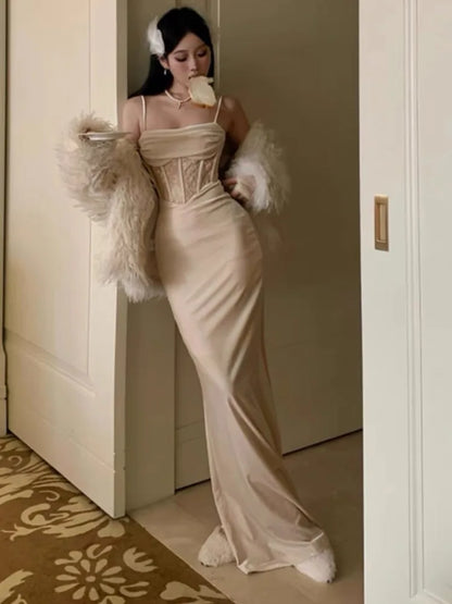 Vestidos largos ajustados sexis para mujer, para fiesta de noche, graduación, boda, terciopelo, encaje, patchwork, tirantes finos, vestidos ajustados