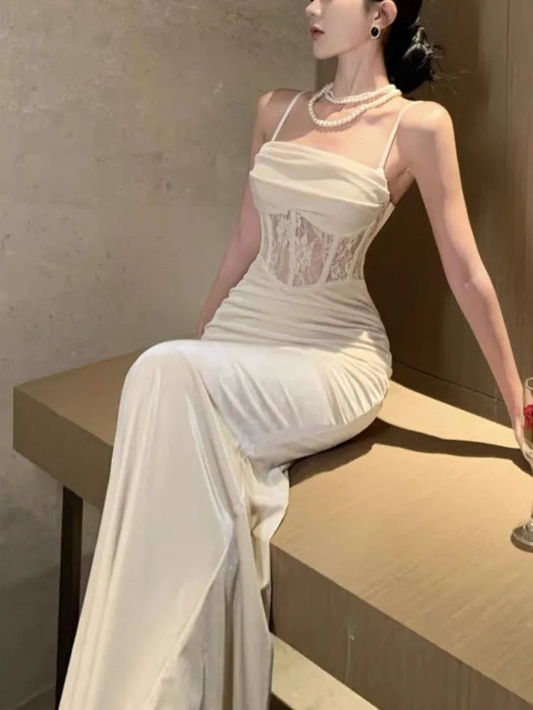 Vestidos largos ajustados sexis para mujer, para fiesta de noche, graduación, boda, terciopelo, encaje, patchwork, tirantes finos, vestidos ajustados