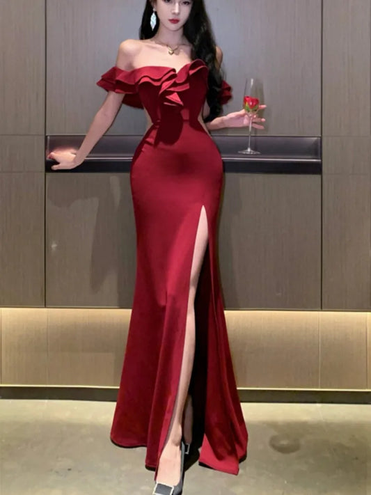 Vestidos largos ajustados sexis para mujer, vestidos de boda, fiesta de noche, graduación, bata con volantes, cuello oblicuo, abertura alta, ahuecados, vestido nuevo de verano
