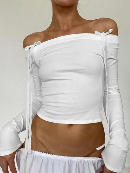 Sexy Bow Off Shoulder Skinny Tops for Women Autumn Winter Y2K Fashion Long Sleeve T-shirts Solid Basic Streetwear 2025