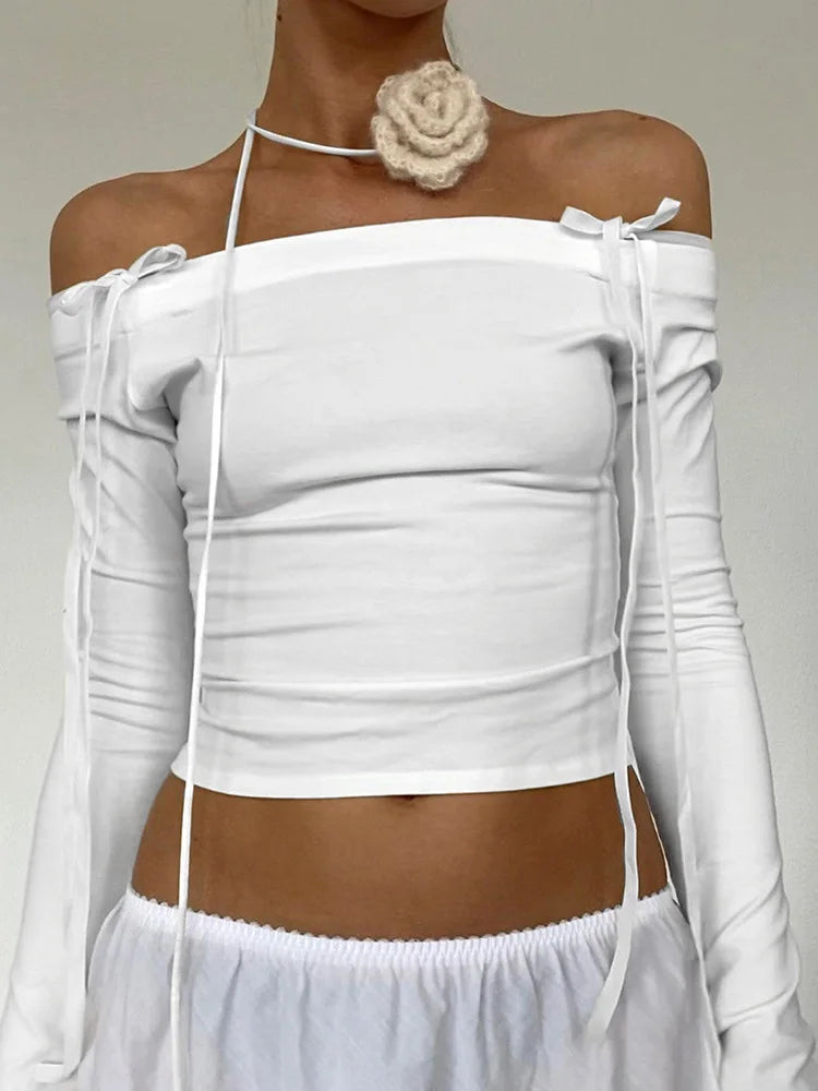 Sexy Bow Off Shoulder Skinny Tops for Women Autumn Winter Y2K Fashion Long Sleeve T-shirts Solid Basic Streetwear 2025