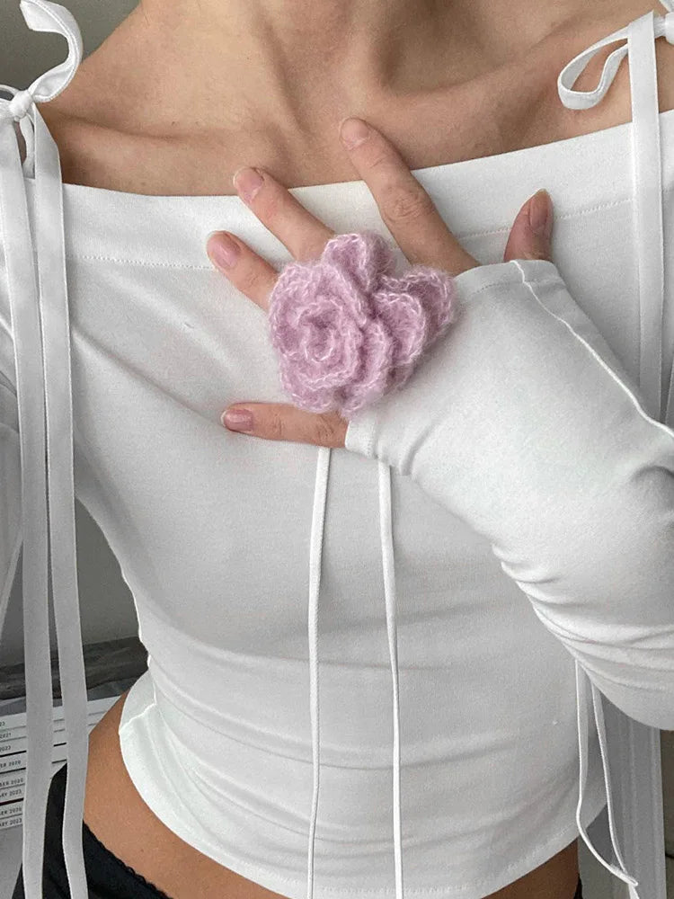 Sexy Bow Off Shoulder Skinny Tops for Women Autumn Winter Y2K Fashion Long Sleeve T-shirts Solid Basic Streetwear 2025