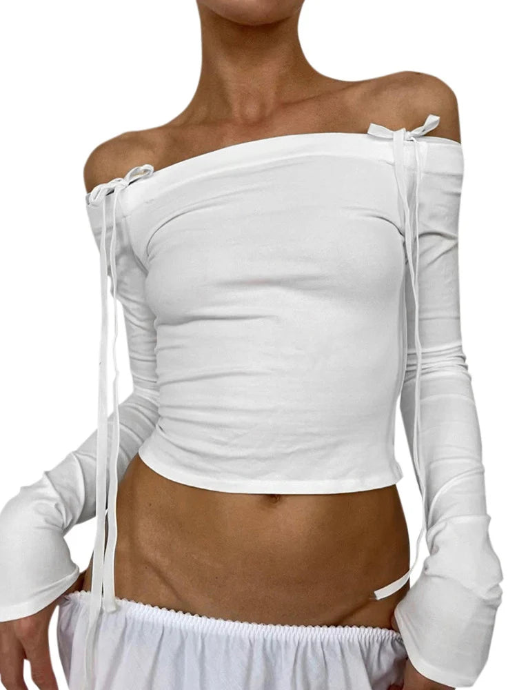 Sexy Bow Off Shoulder Skinny Tops for Women Autumn Winter Y2K Fashion Long Sleeve T-shirts Solid Basic Streetwear 2025