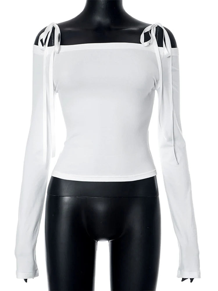 Sexy Bow Off Shoulder Skinny Tops for Women Autumn Winter Y2K Fashion Long Sleeve T-shirts Solid Basic Streetwear 2025