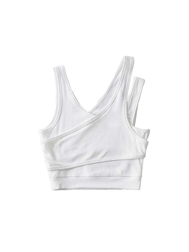 Camisola sexy de punto liso, corta, ahuecada, sin mangas