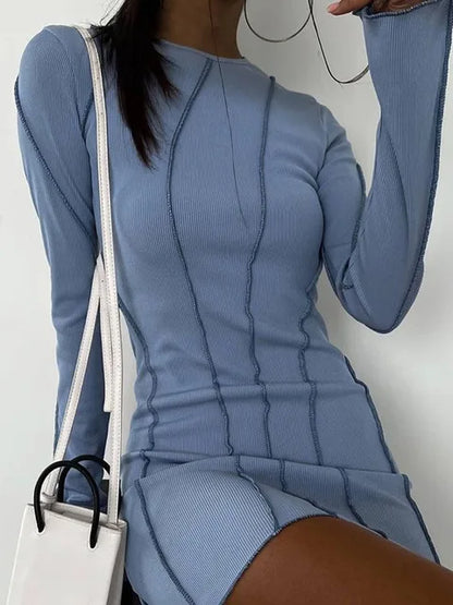 Sexy Club Ribber Knitted Y2K Mini Bodycon Party Women Dress Autumn Striped O Neck Long Sleeve Fashion Dress 2025