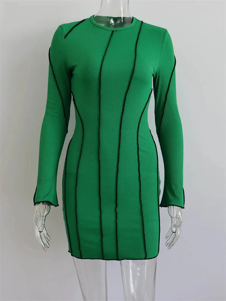 Sexy Club Ribber Knitted Y2K Mini Bodycon Party Women Dress Autumn Striped O Neck Long Sleeve Fashion Dress 2025