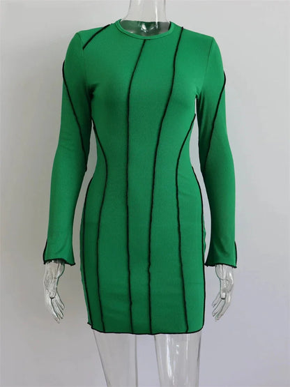 Sexy Club Ribber Knitted Y2K Mini Bodycon Party Women Dress Autumn Striped O Neck Long Sleeve Fashion Dress 2025