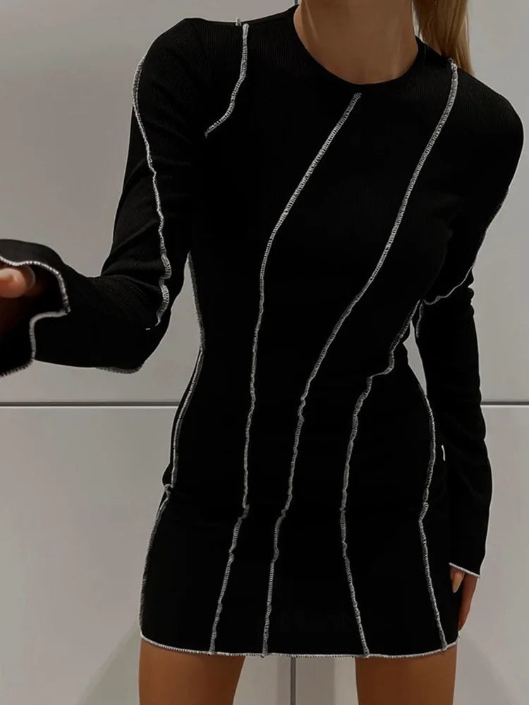 Sexy Club Ribber Knitted Y2K Mini Bodycon Party Women Dress Autumn Striped O Neck Long Sleeve Fashion Dress 2025