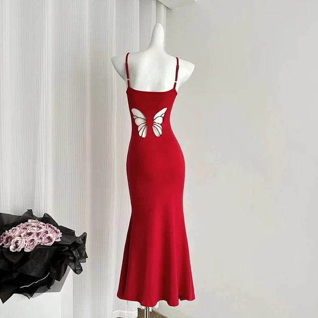 Vestidos sexis con espalda descubierta y estampado de mariposas para mujer, elegantes conjuntos de verano Y2K, vestido largo rojo ajustado para fiesta de cumpleaños y club.