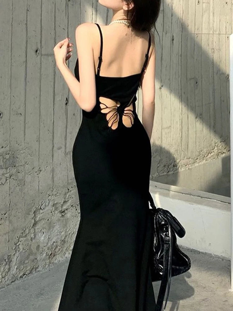 Vestidos sexis con espalda descubierta y estampado de mariposas para mujer, elegantes conjuntos de verano Y2K, vestido largo rojo ajustado para fiesta de cumpleaños y club.