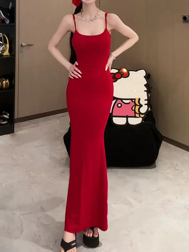 Vestidos sexis con espalda descubierta y estampado de mariposas para mujer, elegantes conjuntos de verano Y2K, vestido largo rojo ajustado para fiesta de cumpleaños y club.