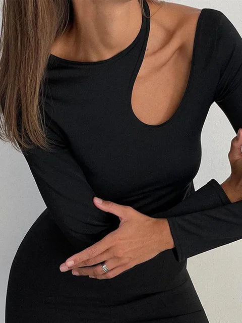 Camiseta sexy con agujeros para mujer, informal, de cuello redondo, manga larga, ajustada, corta, lisa, elegante, básica, para otoño 2025
